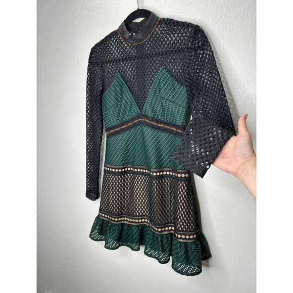 Self Portrait Black Eyelet Mesh Green & Orange Contrast High Neck Dress 6 - Picture 7 of 16
